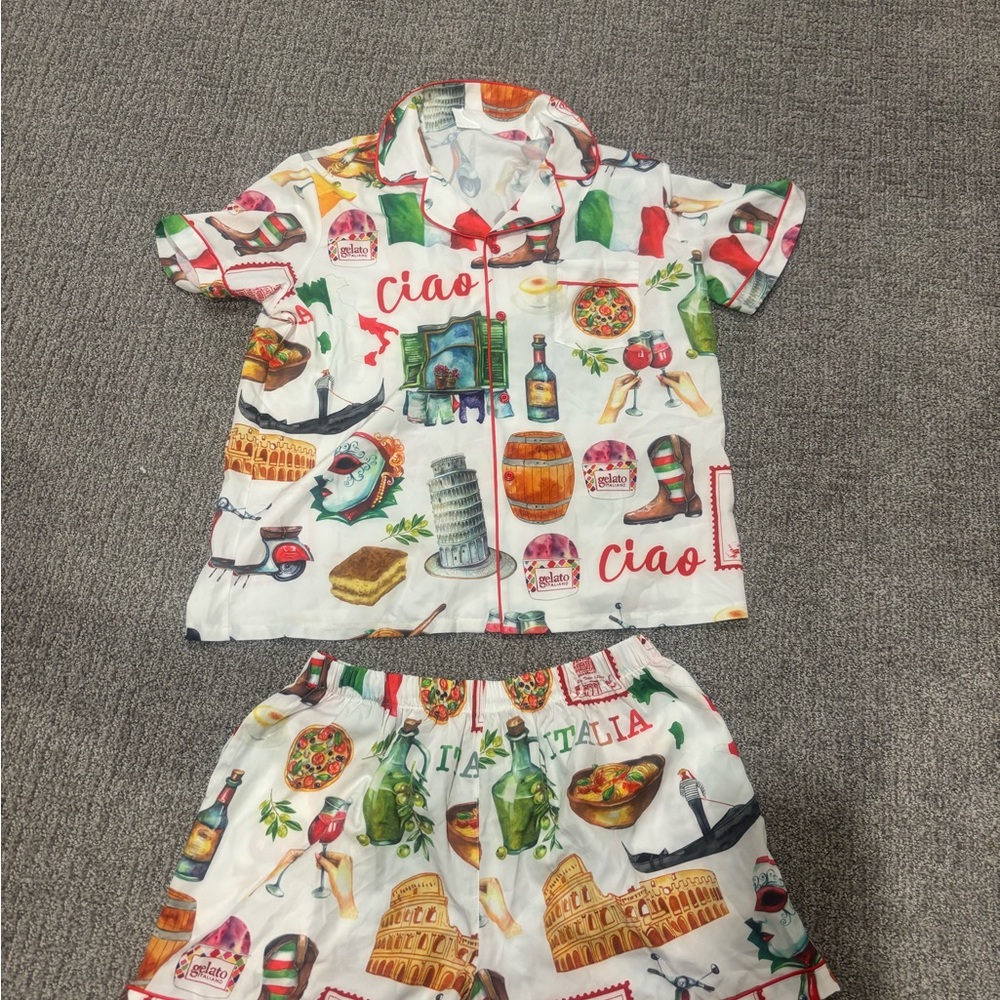 Italian Print Pajama Set - White with Multicolor Italy Motifs